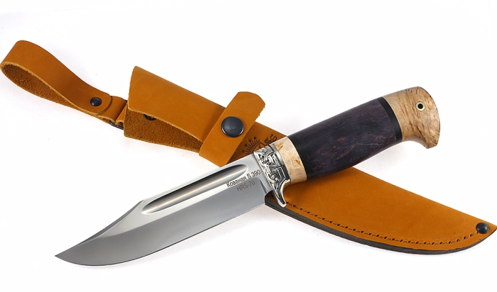 Нож Дельфин сталь S390 рукоять комбинированная карельская береза фиолетовая + натуральная, мельхиор