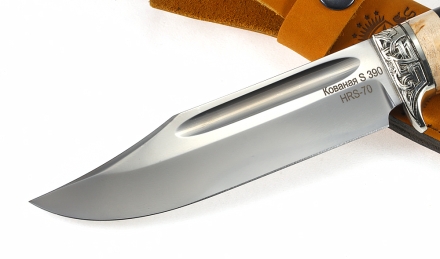 Нож из стали S390 Дельфин рукоять комбинированная карельская береза фиолетовая + натуральная, мельхиор