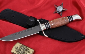Нож финка НКВД, сталь Х12МФ, рукоять карельская береза стабилизированная коричневая, мельхиор