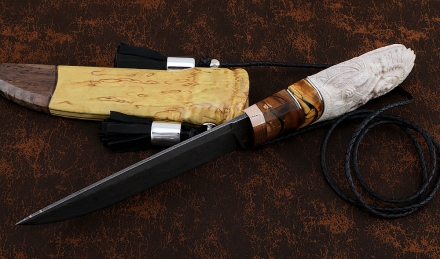 Эксклюзивный Нож Индейский дамаск торцевой мокуме-гане кость мамонта рог лося резной ножны карельская береза Эксклюзивный Нож Индейский дамаск торцевой мокуме-гане кость мамонта рог лося резной ножны карельская береза