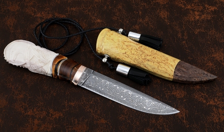 Эксклюзивный Нож Индейский дамаск торцевой мокуме-гане кость мамонта рог лося резной ножны карельская береза Эксклюзивный Нож Индейский дамаск торцевой мокуме-гане кость мамонта рог лося резной ножны карельская береза