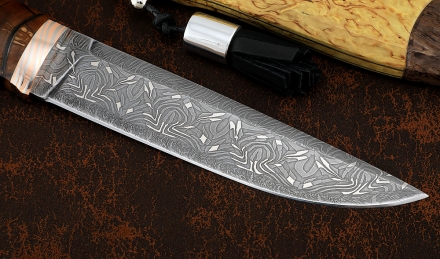 Эксклюзивный Нож Индейский дамаск торцевой мокуме-гане кость мамонта рог лося резной ножны карельская береза Эксклюзивный Нож Индейский дамаск торцевой мокуме-гане кость мамонта рог лося резной ножны карельская береза