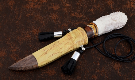 Эксклюзивный Нож Индейский дамаск торцевой мокуме-гане кость мамонта рог лося резной ножны карельская береза Эксклюзивный Нож Индейский дамаск торцевой мокуме-гане кость мамонта рог лося резной ножны карельская береза