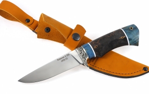 Нож из стали S390 «Жерех» рукоять карельская береза стабилизированная синяя + коричневая, мельхиор