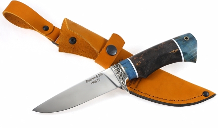 Нож Жерех сталь S390 рукоять карельская береза стабилизированная синяя+коричневая, мельхиор