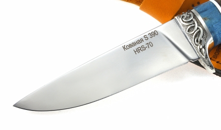 Нож из стали S390 «Жерех» рукоять карельская береза стабилизированная синяя + коричневая, мельхиор