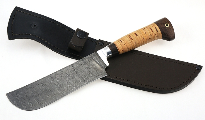 Нож Узбекский средний сталь дамаск, рукоять береста
