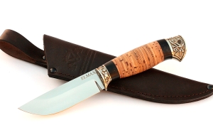 Нож Нерка сталь ELMAX, рукоять береста-черный граб,мельхиор Нож Нерка сталь ELMAX, рукоять береста-черный граб,мельхиор