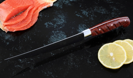 Нож Филейка цельнометаллическая, средняя, сталь 95Х18, рукоять акрил красный с дюралью