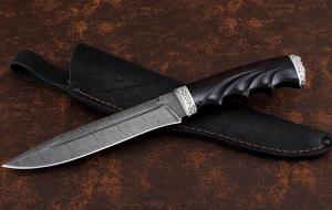 Нож Златояр дамаск черный граб резной мельхиор