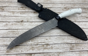 Кухонный Нож № 4  цельнометаллический  сталь дамаск, накладки G10 белые  (распродажа)  