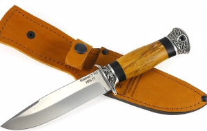Нож из стали S390 «Лидер» рукоять черный граб + карельская береза стабилизированная янтарь, мельхиор