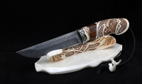 Нож Барракуда дамаск нержавеющий кость мамонта железное дерево рог лося резной мельхиор на подставке
