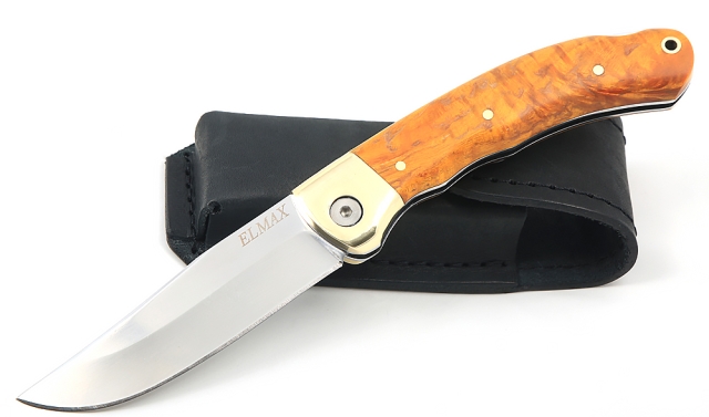Нож Таежник, складной, сталь Elmax, рукоять накладки карельская береза стабилизированная янтарь 