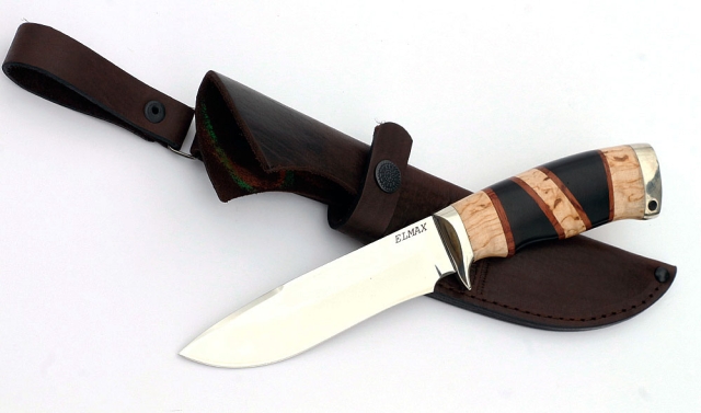 Нож Турист сталь ELMAX, рукоять черный граб и карельская береза с литьем 