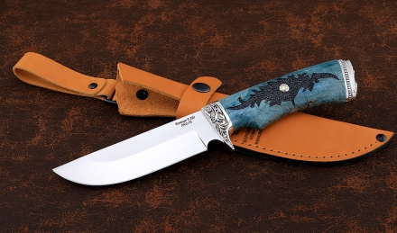 Нож Универсал сталь S390 рукоять карельская береза стабилизированная синяя. мельхиор