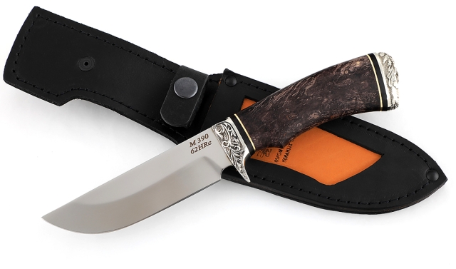 Нож Универсал сталь M390 рукоять карельская береза стабилизированная коричневая, мельхиор 