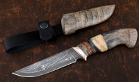 Нож Крот-2 сталь дамаск торцевой мокуме-гане рукоять карельская береза кость мамонта, ножны карельская береза