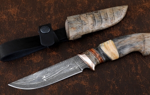 Коллекционный Нож Крот-2 сталь дамаск торцевой мокуме-гане рукоять карельская береза кость мамонта, ножны карельская береза Коллекционный Нож Крот-2 сталь дамаск торцевой мокуме-гане рукоять карельская береза кость мамонта, ножны карельская береза