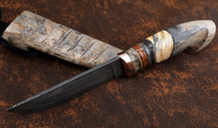 Коллекционный Нож Крот-2 сталь дамаск торцевой мокуме-гане рукоять карельская береза кость мамонта, ножны карельская береза Коллекционный Нож Крот-2 сталь дамаск торцевой мокуме-гане рукоять карельская береза кость мамонта, ножны карельская береза