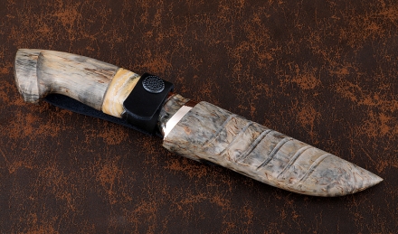 Коллекционный Нож Крот-2 сталь дамаск торцевой мокуме-гане рукоять карельская береза кость мамонта, ножны карельская береза Коллекционный Нож Крот-2 сталь дамаск торцевой мокуме-гане рукоять карельская береза кость мамонта, ножны карельская береза