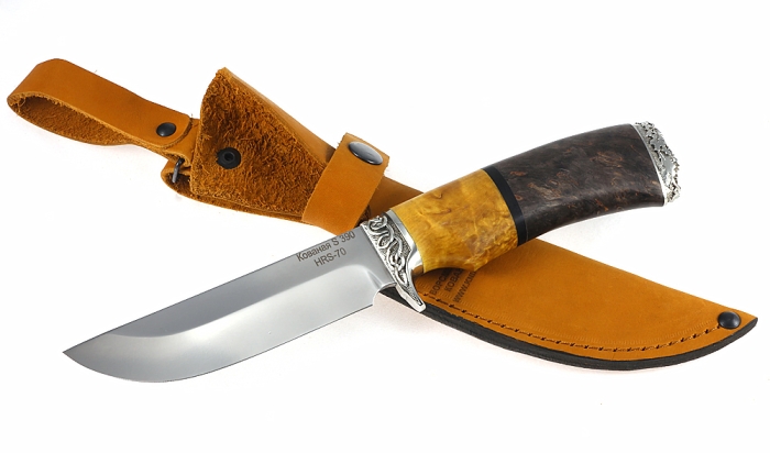 Нож универсал сталь S390 рукоять карельская береза стабилизированная янтарь+коричневая, мельхиор