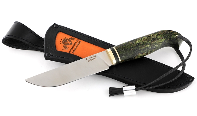 Нож Крот-2 сталь Х12МФ(сатин), рукоять резная карельская береза стабилизированная изумруд 