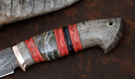 Эксклюзивный нож Гриф дамаск торцевой мокуме-гане рукоять карельская береза кость мамонта, ножны карельская береза Эксклюзивный нож Гриф дамаск торцевой мокуме-гане рукоять карельская береза кость мамонта, ножны карельская береза