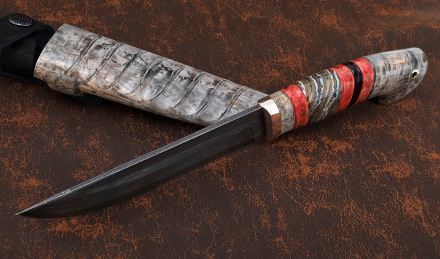 Эксклюзивный нож Гриф дамаск торцевой мокуме-гане рукоять карельская береза кость мамонта, ножны карельская береза Эксклюзивный нож Гриф дамаск торцевой мокуме-гане рукоять карельская береза кость мамонта, ножны карельская береза