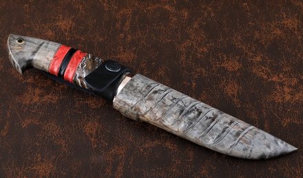 Эксклюзивный нож Гриф дамаск торцевой мокуме-гане рукоять карельская береза кость мамонта, ножны карельская береза Эксклюзивный нож Гриф дамаск торцевой мокуме-гане рукоять карельская береза кость мамонта, ножны карельская береза