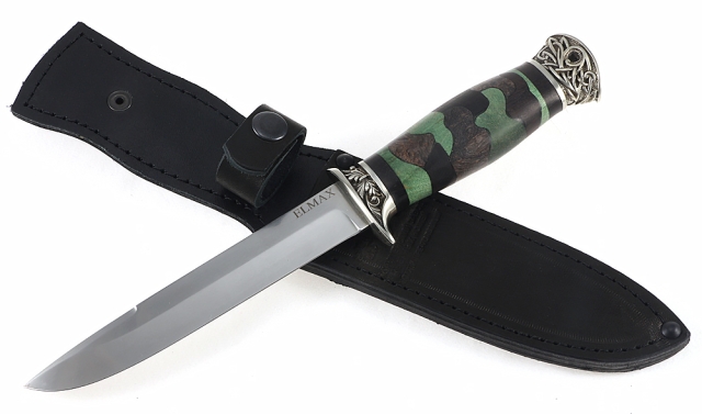Нож Лидер-2 сталь Elmax рукоять карельская береза стабилизированная хаки, мельхиор 