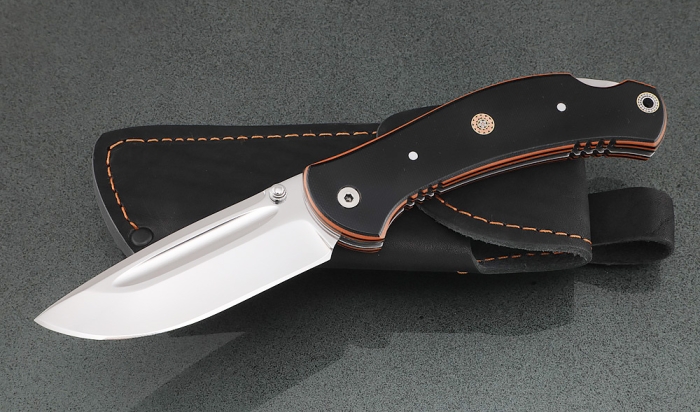 Нож Ястреб, складной, сталь Х12МФ со штифтом, рукоять накладки G10 черная с оранжевым, клипса