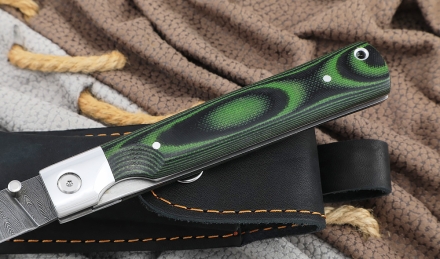 Нож складной филейный сталь дамаск, накладки G10 зеленые 
