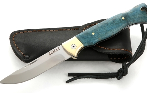 Складной нож Лиса, сталь Elmax, рукоять накладки карельская береза стабилизированная синяя