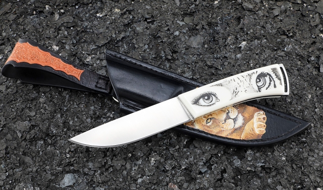 Нож Нерпа 2 Elmax цельнометаллический, белый акрил художественное исполнение &quot;Львица&quot; 