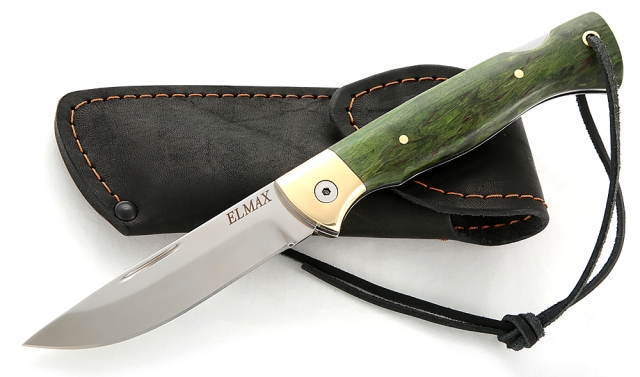 Нож Лиса, складной, сталь Elmax, рукоять накладки карельская береза стабилизированная зеленая 