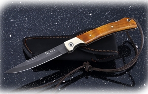 Складной нож Мексиканец, сталь булат, рукоять накладки карельская береза стабилизированная янтарь Складной нож Мексиканец, сталь булат, рукоять накладки карельская береза стабилизированная янтарь