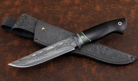 Нож Засапожный дамаск ламинированный с долом рукоять карбон карельская береза зеленая черный граб