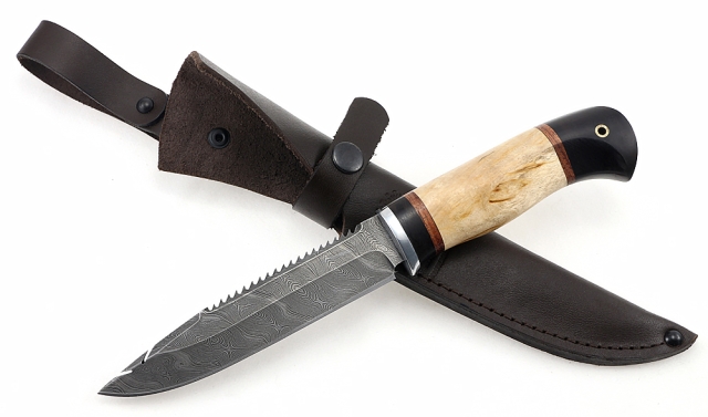 Нож Рыболов-3 сталь дамаск рукоять карельская береза черный граб 