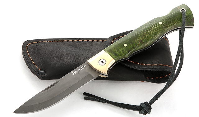 Нож Лиса, складной, сталь булат, рукоять накладки карельская береза стабилизированная зеленая 