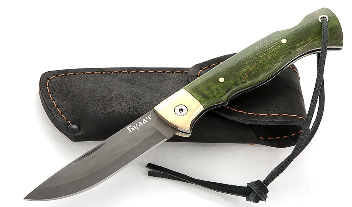 Нож Лиса, складной, сталь булат, рукоять накладки карельская береза стабилизированная зеленая