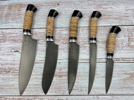 Кухонный набор ножей из стали К340, рукоять береста (распродажа) 