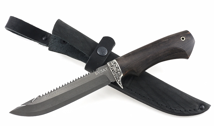 Нож Рыболов-4 сталь булат, рукоять карельская береза стабилизированная коричневая, мельхиор