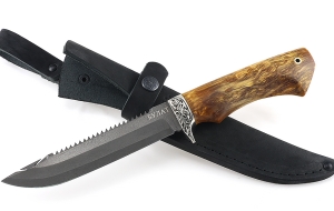 Нож Рыболов-4 сталь булат, рукоять карельская береза стабилизированная янтарь, мельхиор