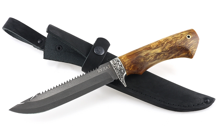 Нож Рыболов-4 сталь булат, рукоять карельская береза стабилизированная янтарь, мельхиор