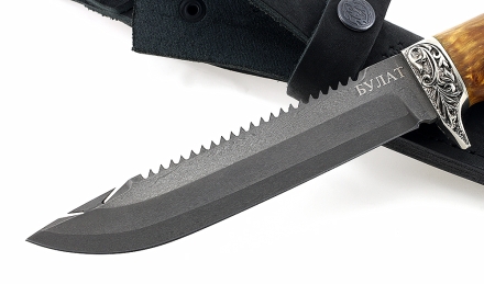 Нож Рыболов-4 сталь булат, рукоять карельская береза стабилизированная янтарь, мельхиор Нож Рыболов-4 сталь булат, рукоять карельская береза стабилизированная янтарь, мельхиор