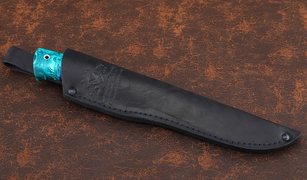 Нож Ягуар сталь дамаск торцевой, рукоять искусственный камень зеленый