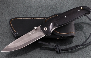 Складной нож Зубр, сталь булат, рукоять накладки черный граб Складной нож Зубр, сталь булат, рукоять накладки черный граб