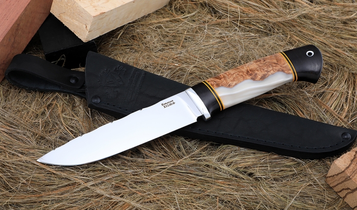Нож Ягуар сталь Х12МФ полированная, рукоять карельская береза акрил черный граб
