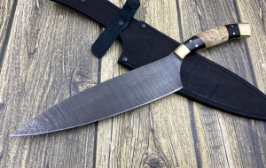 Кухонный Нож №13 из стали дамаск цельнометаллический, накладки карельская береза и черный граб (распродажа) 